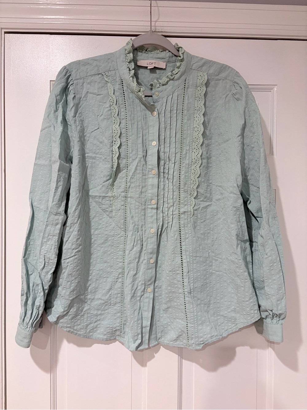 LOFT Mint Green Ruffled Pintuck Button-Down Blouse - Picture 1 of 9